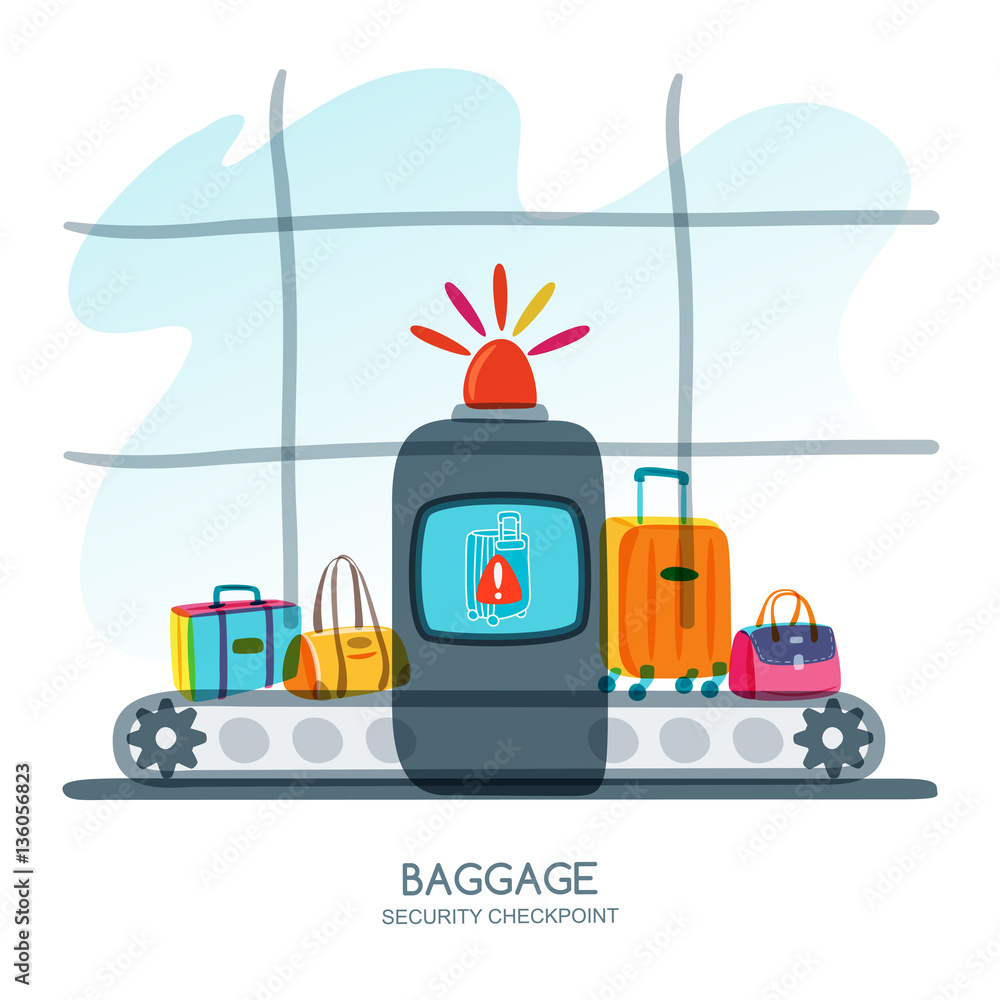 Baggage security checkpoint in airport terminal. Red alarm siren on scanner  warns of dangerous baggage. Vector hand drawn illustration. Luggage check,  airport security concept. Stock Vector | Adobe Stock