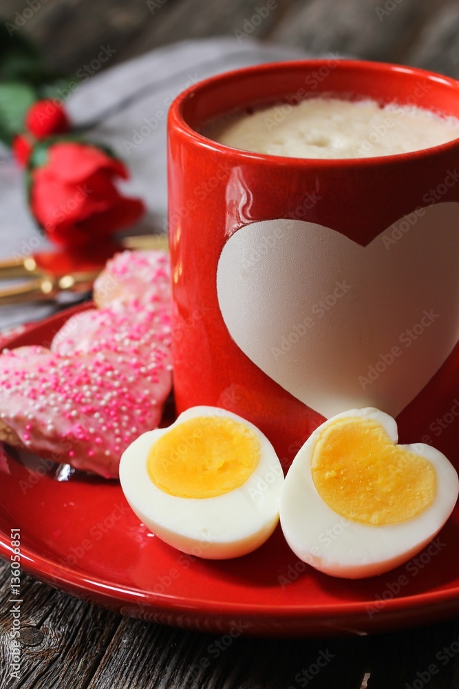 Heart shaped egg and Cooffe latte  / Breakfast for Valentine's day