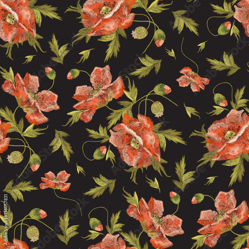 Fototapeta Naklejka Na Ścianę i Meble -  Embroidery colorful floral pattern with red poppy flowers. Vector seamless traditional folk fashion ornament on black background