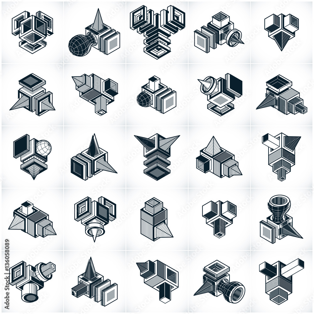 Abstract three dimensional shapes set, vector designs. Stock