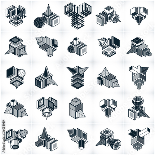 Abstract three dimensional shapes set, vector designs.