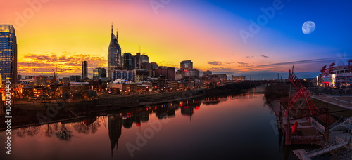 Nashville skyline with moon and blue hour