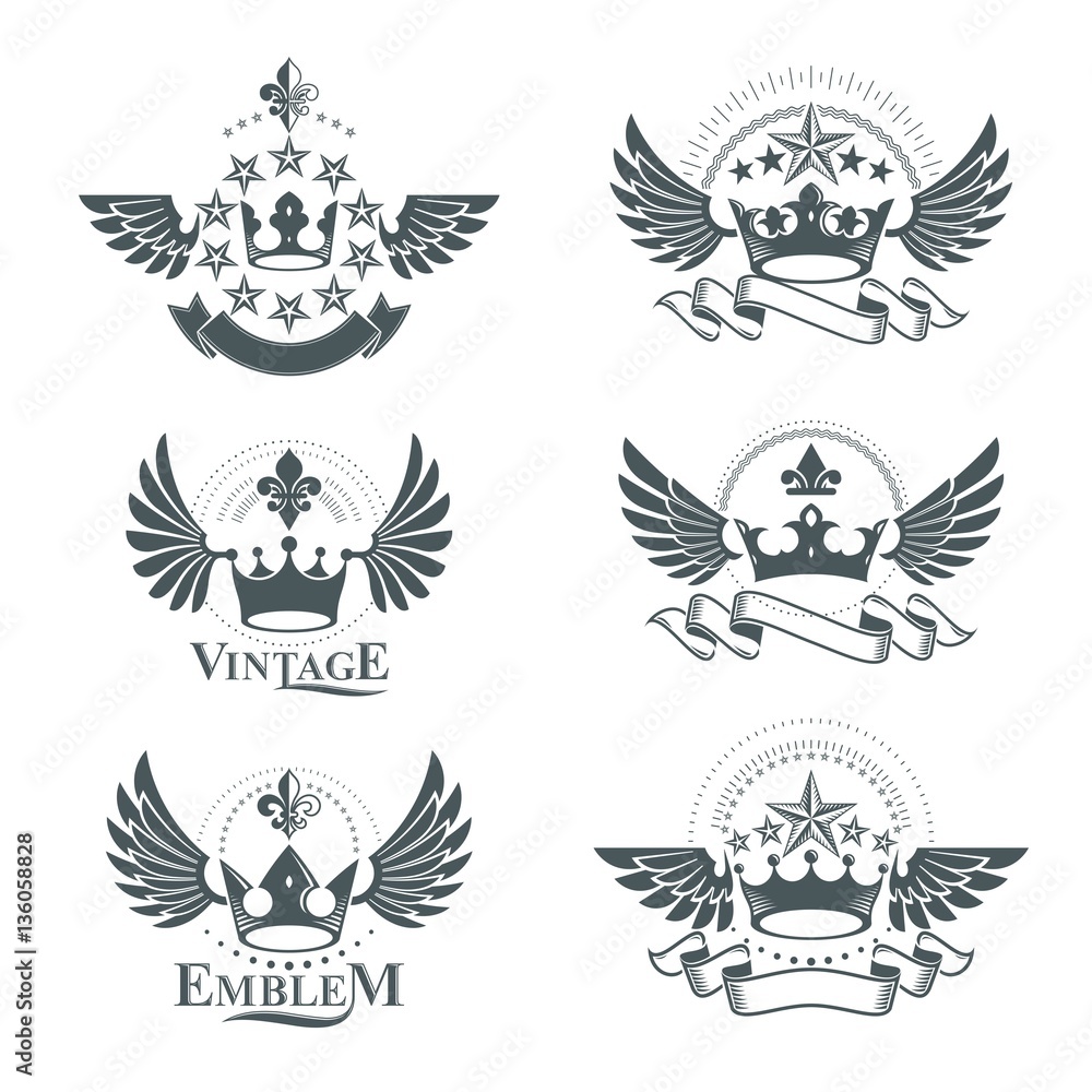 Obraz premium Ancient Crowns emblems set. Heraldic vector design elements coll