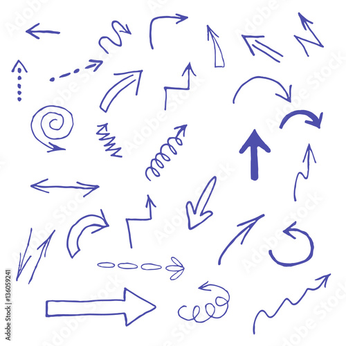 Hand drawn blue arrows icons set on white