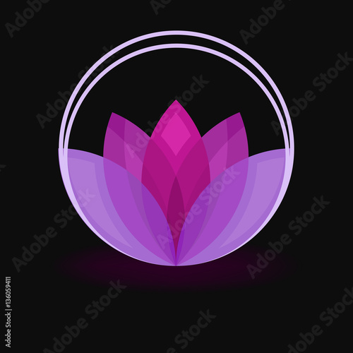 Abstract purple flower sign isolated on black background.