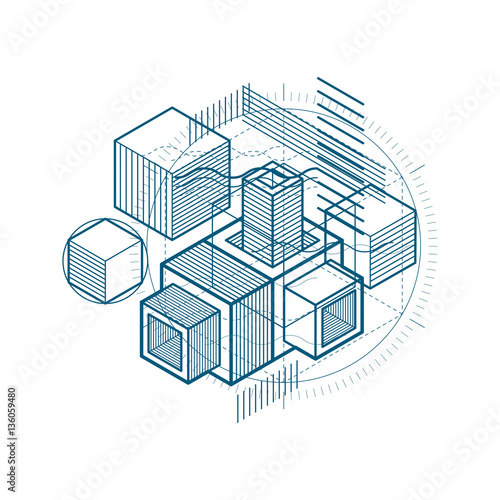 Vector background with abstract isometric lines and figures. Tem