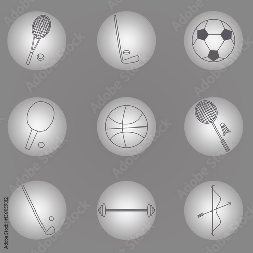 Set of sport icons, sport equipment on grey background, pearly series