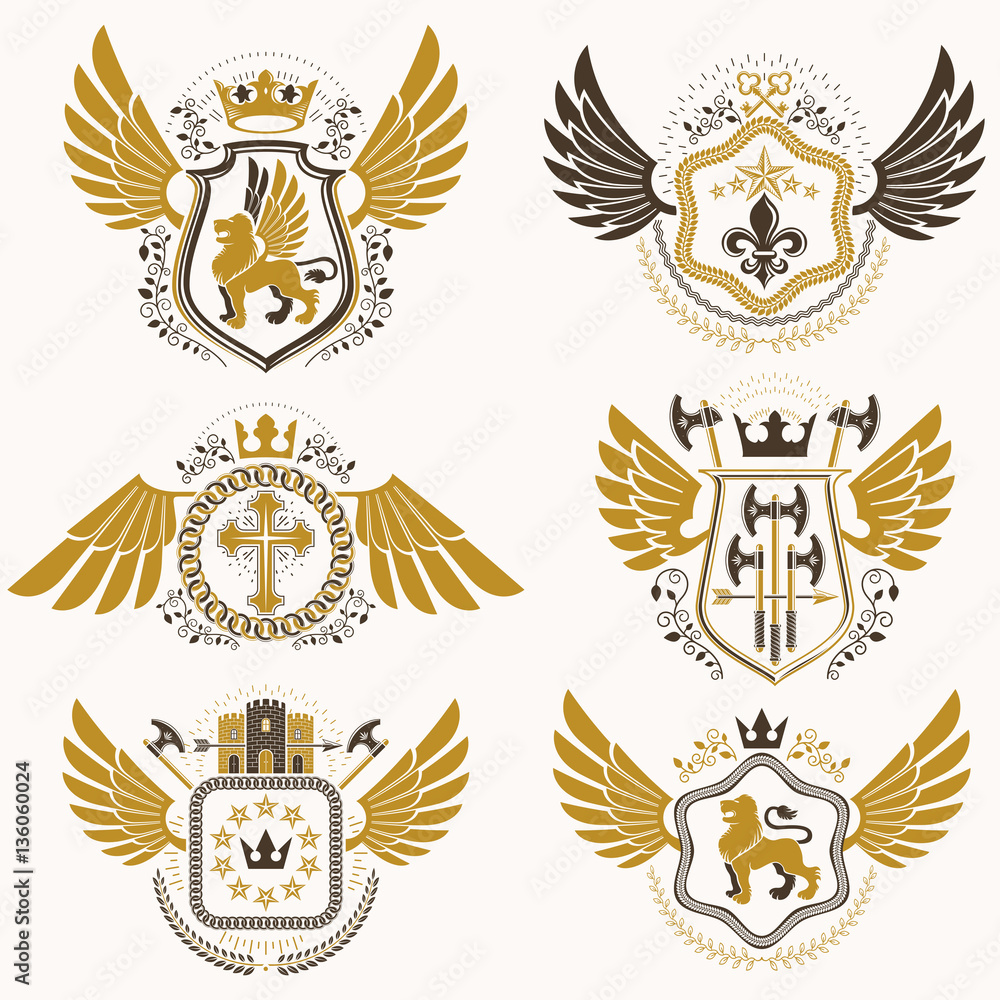 Heraldic emblems with wings isolated on white backdrop. Collecti