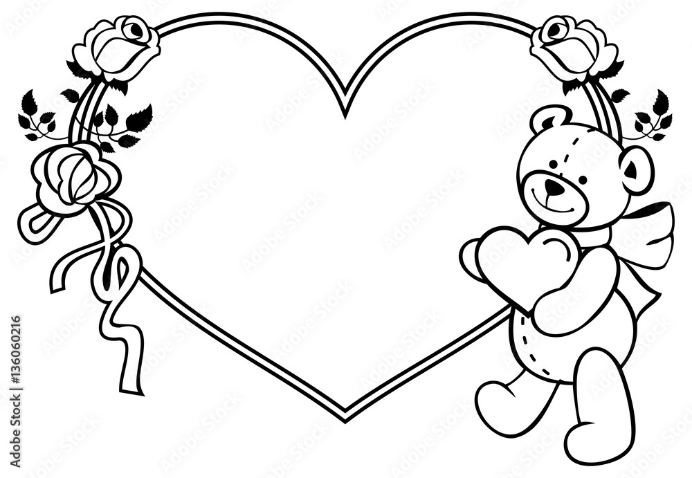 Heart-shaped frame with outline roses, teddy bear holding heart Heart-shaped frame with outline roses, teddy bear holding heart