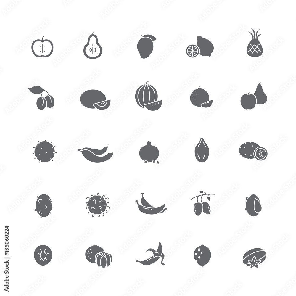 Vector black icons with different fruits farmers. Stock Vector | Adobe ...