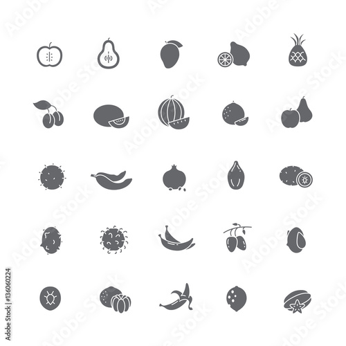 Fototapeta Naklejka Na Ścianę i Meble -  Vector black icons with different fruits farmers.