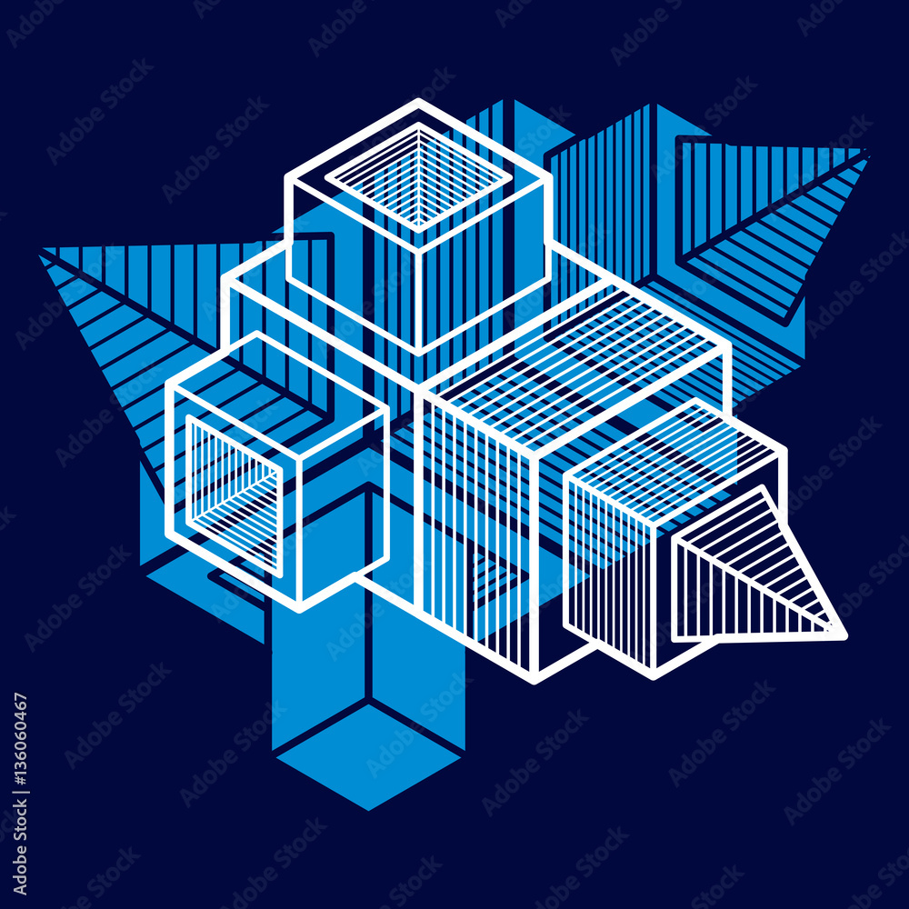 3d abstract isometric construction, vector polygonal shape.