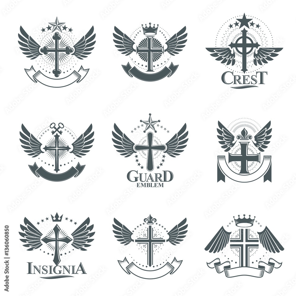 Crosses of Christianity Religion emblems set. Heraldic Coat of A Crosses of Christianity Religion emblems set. Heraldic Coat of A