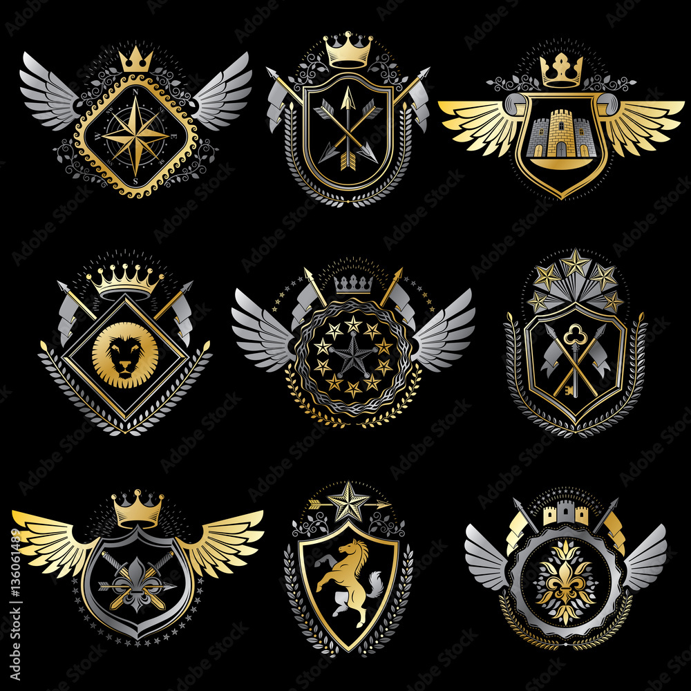 Heraldic decorative emblems made with royal crowns, animal illus Heraldic decorative emblems made with royal crowns, animal illus