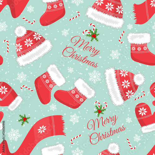 Seamless background with hats, mittens, Christmas socks, candy and snowflakes. Pattern.