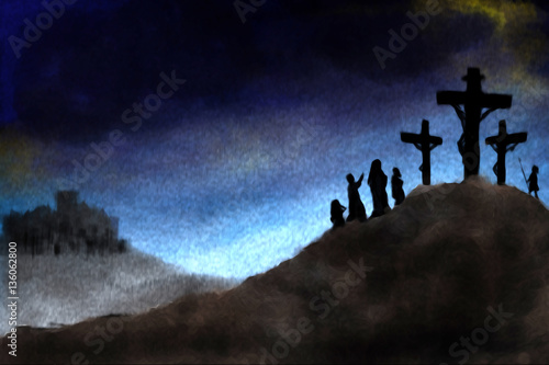 Crucifiction of Jesus Christ on Calvary hill . abstract artistic religious Easter background © t0m15