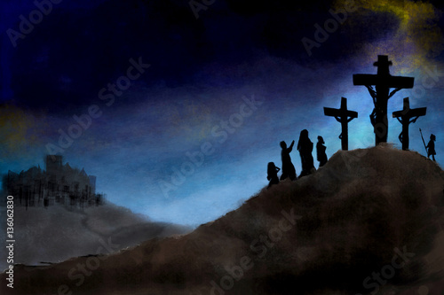 Vászonkép Crucifiction of Jesus Christ on Calvary hill