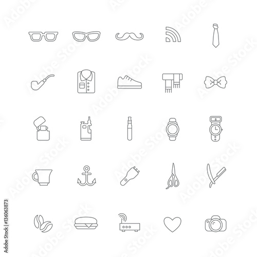 Set of linear hipster icons with different things (electronics, accessories and clothes).