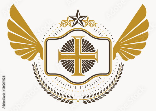 Vintage decorative heraldic vector emblem composed with eagle wi