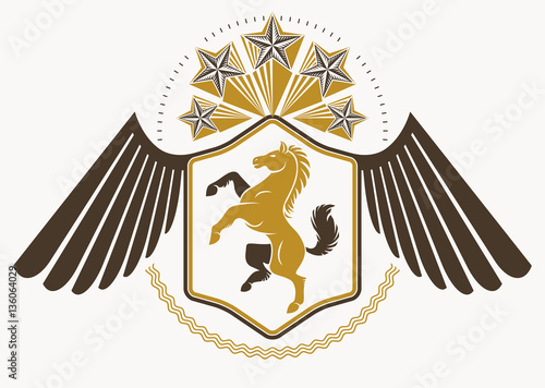 Vintage decorative heraldic vector emblem composed with eagle wi