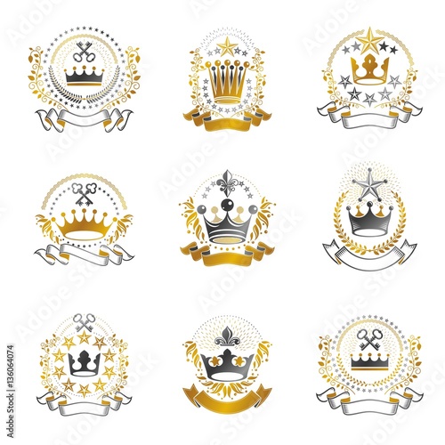 Royal Crowns emblems set. Heraldic vector design elements collec