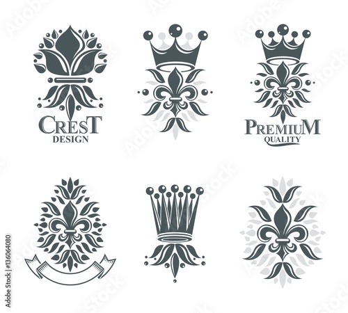 Royal symbols Lily Flowers, floral and crowns, emblems set. Hera