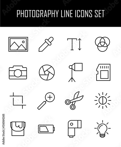 Set of photography icons in modern thin line style.