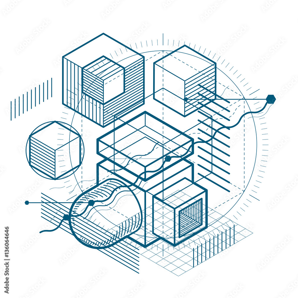 Isometric abstraction with lines and different elements, vector Isometric abstraction with lines and different elements, vector