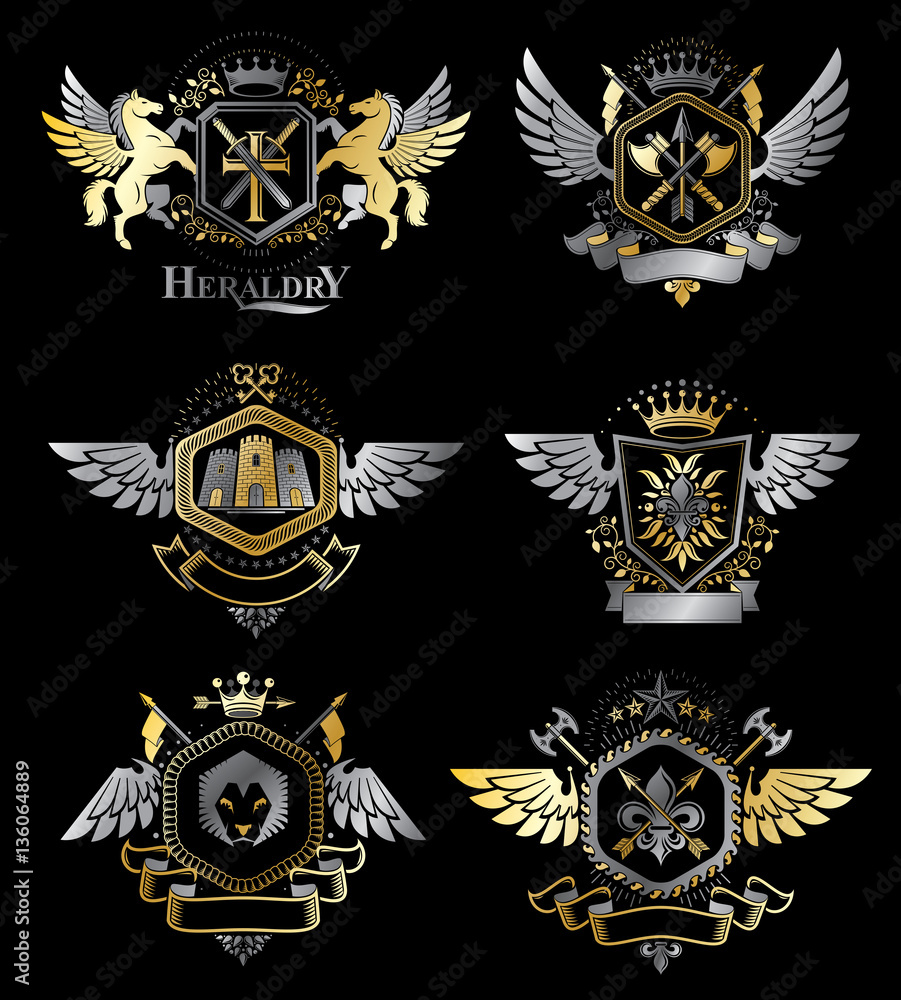 Vintage decorative heraldic vector emblems composed with element