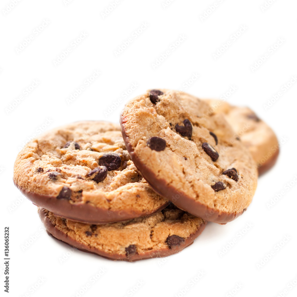 Chocolate chip cookie isolated on white background. Closeup of a