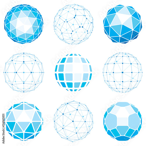 Set of abstract 3d faceted figures with connected lines. Vector