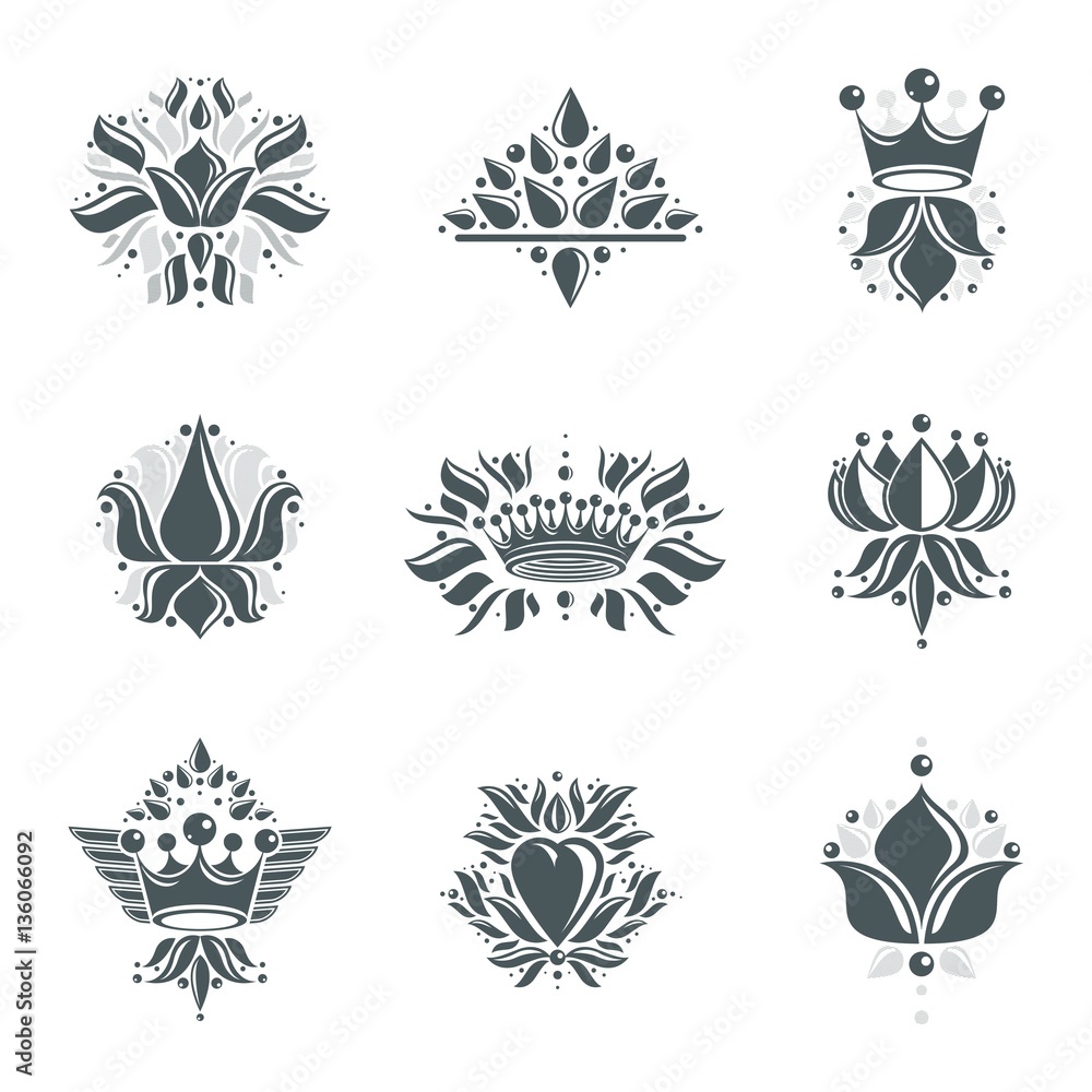Royal symbols, Flowers, floral and crowns, emblems set. Heraldic