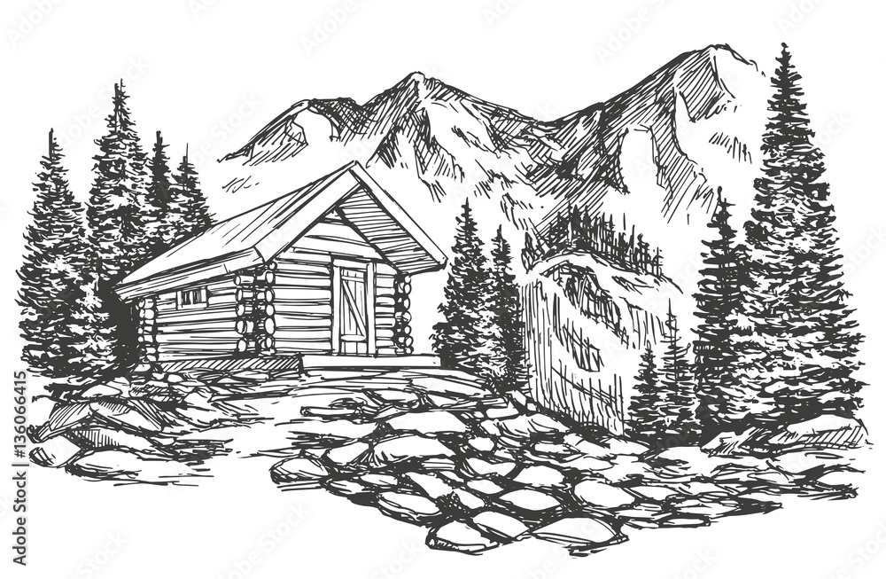 house in mountain landscape hand drawn vector illustration sketch Stock ...