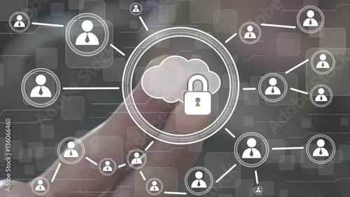Businessman push button cloud lock network.