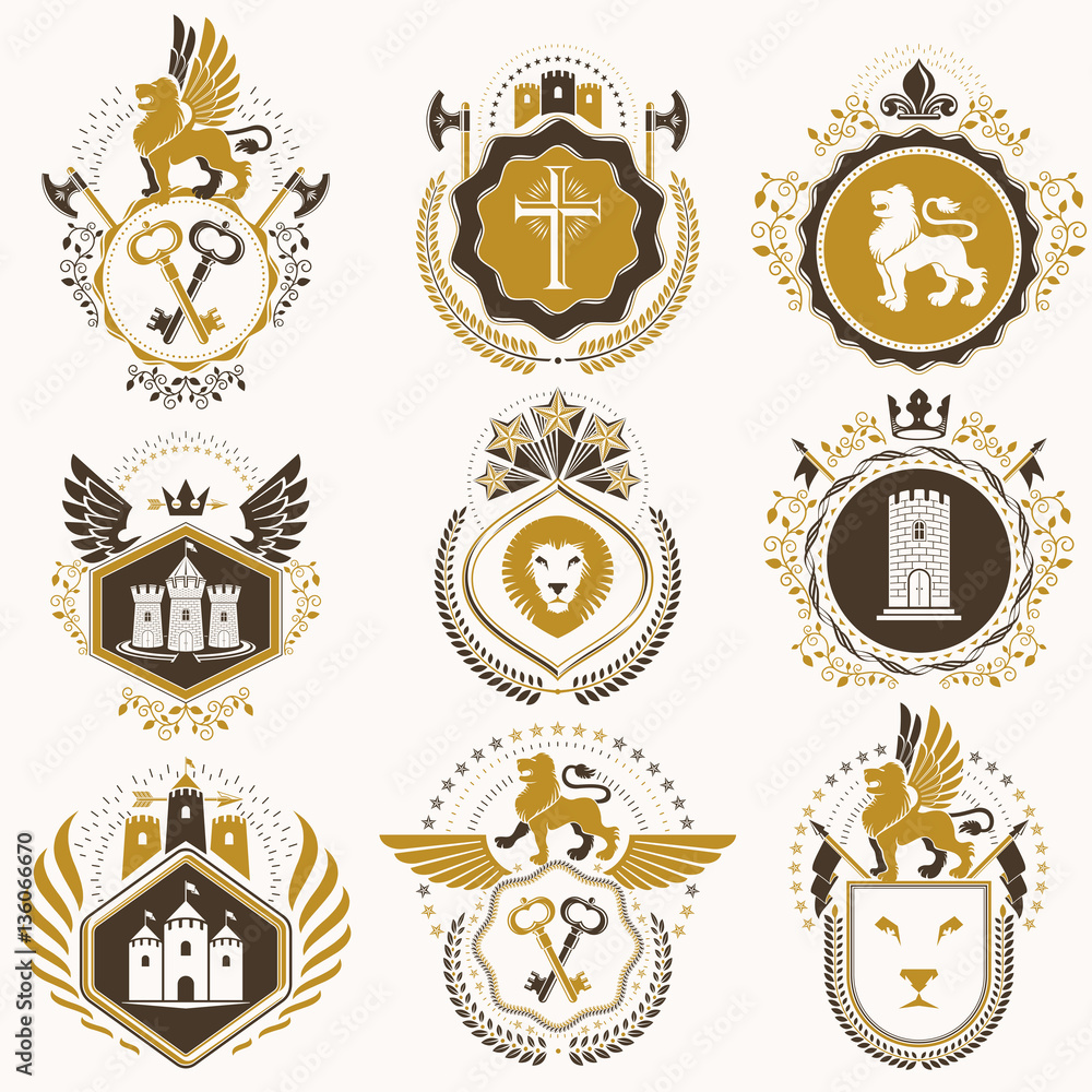 Set of vector vintage elements, heraldry labels stylized in retr