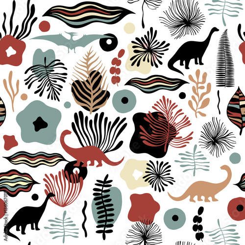 Vector seamless pattern with fantastic flowers and dinosaurs. 