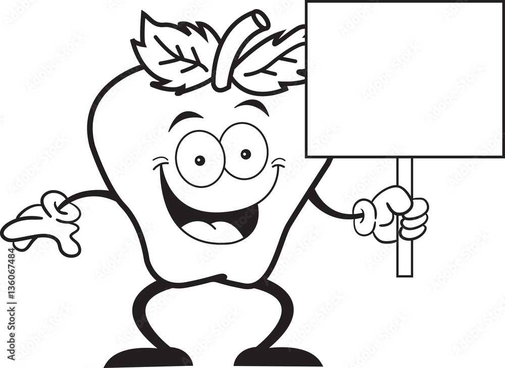 Obraz premium Black and white illustration of an apple holding a sign.
