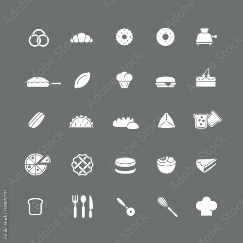 Set of black icons with different flour products (Cakes, biscuits, sweets).