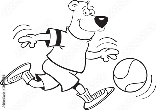 Black and white illustration of a bear playing basketball.