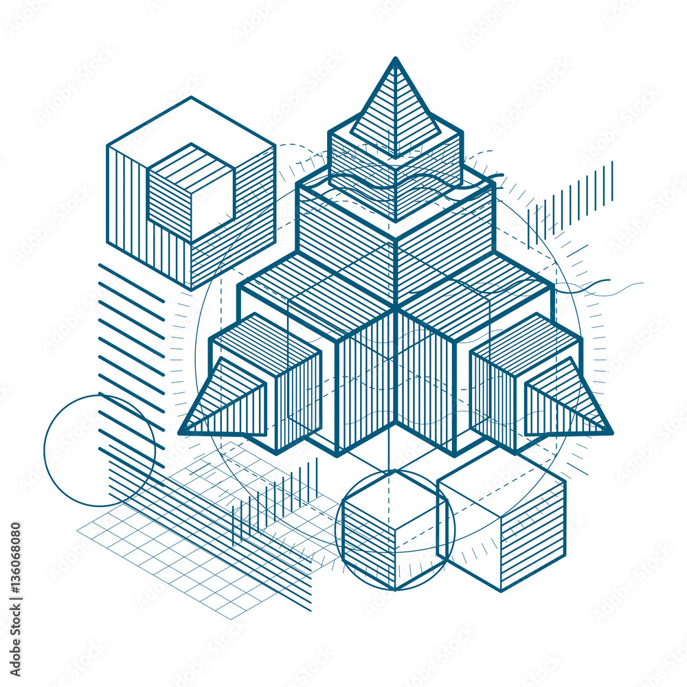 Isometric abstraction with lines and different elements, vector