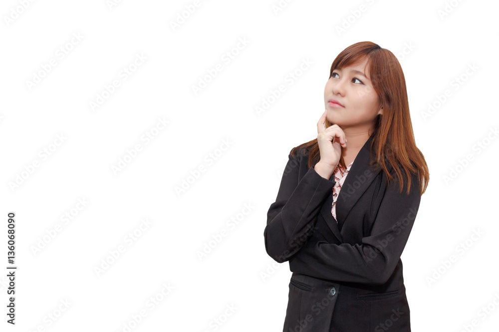 Business woman in black suit thinking - isolated on white background Business woman in black suit thinking - isolated on white background