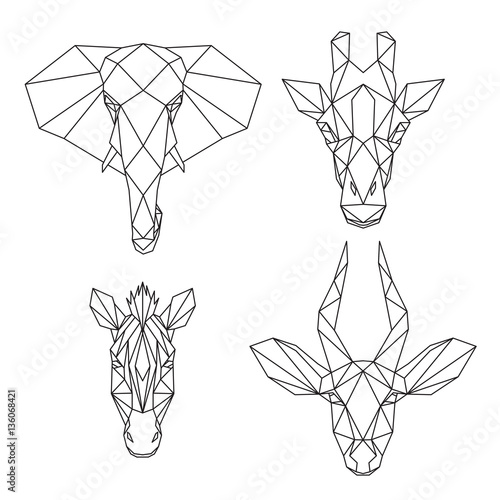 Animali Africani in stile astratto geometrico, elefante, giraffa, zebra, antilope, arte lineare sullo sfondo bianco, illustrazione vettoriale photo