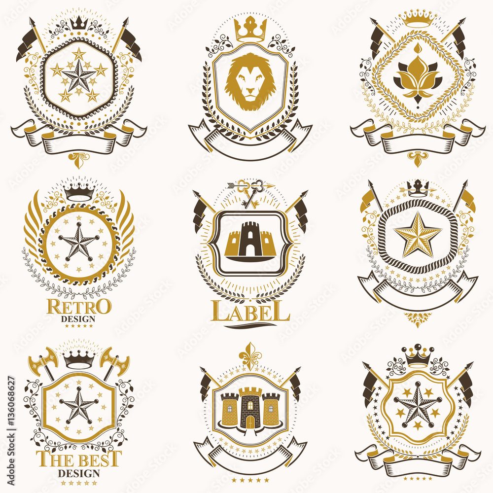 Vector classy heraldic Coat of Arms. Collection of blazons styli
