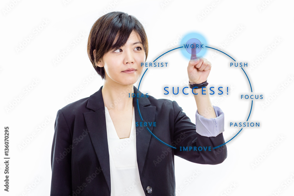 Asian businesswoman pressing invisible screen Asian businesswoman pressing invisible screen
