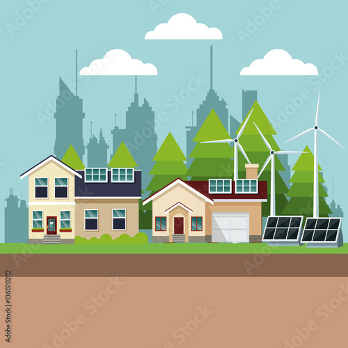 suburban houses with environmental energy vector illustration eps 10