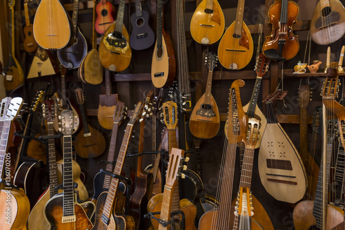 musical instruments shop in warm orange and brown colors photo