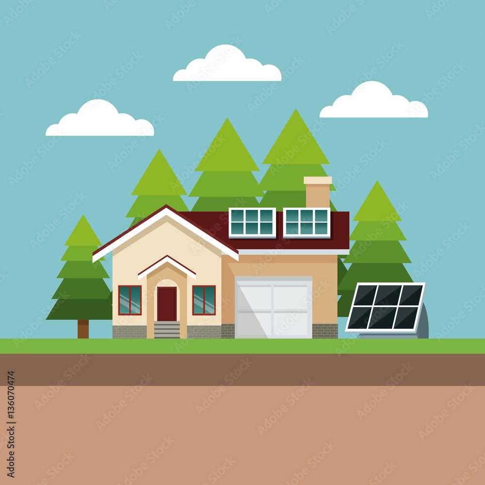 house suburban solar panel landscape vector illustration eps 10