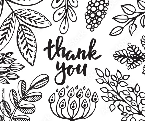 Thank you card with hand drawn  flowers  leaves and branches