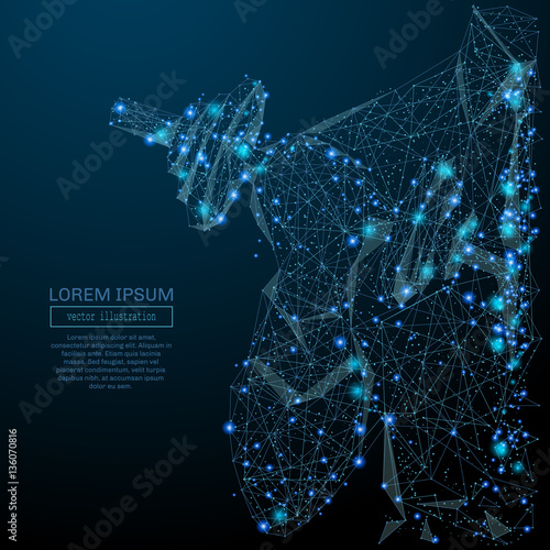 Abstract image of a businessman with dumbbell in the form of a starry sky or space, consisting of points, lines, and shapes in the form of planets, stars and the universe. Vector business concept.