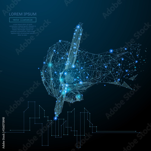 Abstract image of a hand draws a drawing in the form of a starry sky or space, consisting of points, lines, and shapes in the form of planets, stars and the universe. Vector business wireframe concept